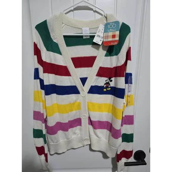 Disney 100 Years Womens MICKEY striped Sweater Cardigan XL New NWT Button Up - Picture 1 of 5